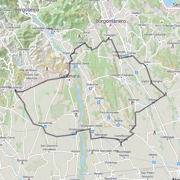 Map miniature of "The Road Adventure to Biella and Carpignano Sesia" cycling inspiration in Piemonte, Italy. Generated by Tarmacs.app cycling route planner