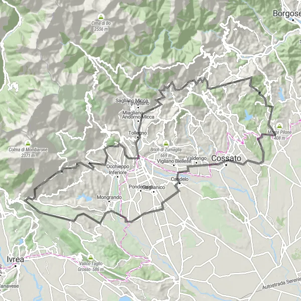 Mapa miniatúra "Zaujímavá cestovná trasa cez Piemonte" cyklistická inšpirácia v Piemonte, Italy. Vygenerované cyklistickým plánovačom trás Tarmacs.app