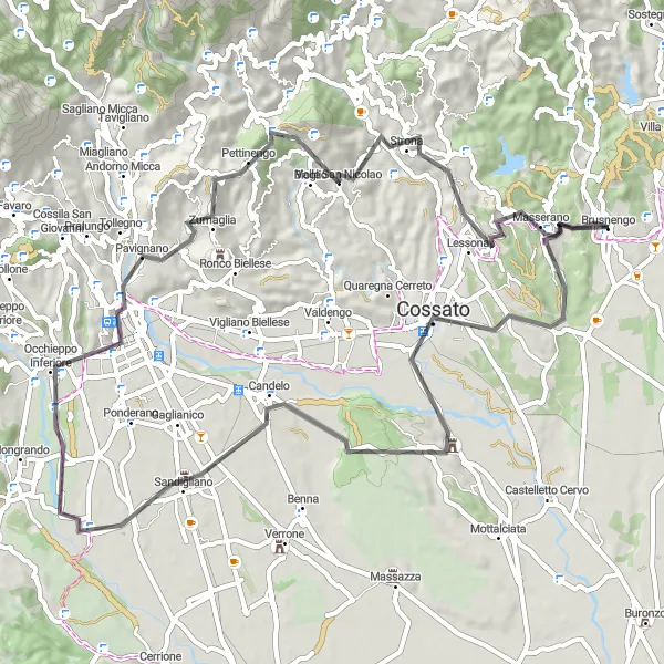 Map miniature of "The Road Challenge to Pettinengo and Lessona" cycling inspiration in Piemonte, Italy. Generated by Tarmacs.app cycling route planner