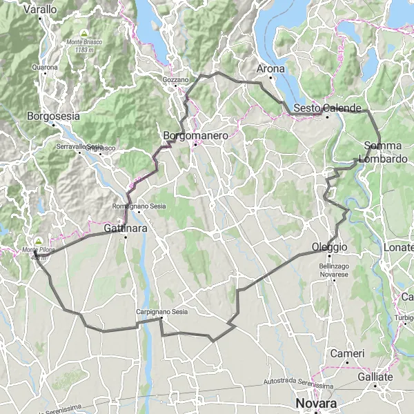 Miniatua del mapa de inspiración ciclista "Ruta de ciclismo por carretera en Brusnengo y sus alrededores" en Piemonte, Italy. Generado por Tarmacs.app planificador de rutas ciclistas
