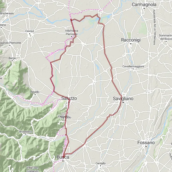 Map miniature of "Gravel Adventure through Castello della Manta and Murello" cycling inspiration in Piemonte, Italy. Generated by Tarmacs.app cycling route planner