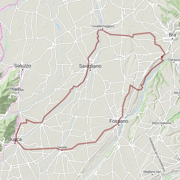 Miniatura della mappa di ispirazione al ciclismo "Da Busca alle colline di Centallo" nella regione di Piemonte, Italy. Generata da Tarmacs.app, pianificatore di rotte ciclistiche