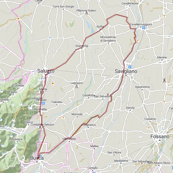 Map miniature of "Gravel Adventure through Costigliole Saluzzo and Plazzo "Il Vaticano" dei Conti Falletti" cycling inspiration in Piemonte, Italy. Generated by Tarmacs.app cycling route planner