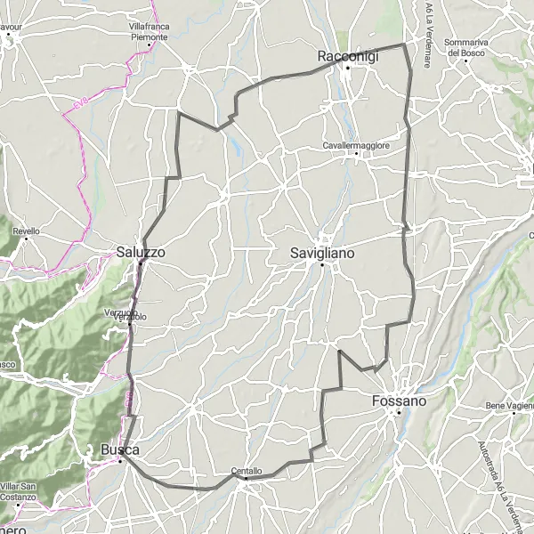 Miniatura della mappa di ispirazione al ciclismo "Tra i castelli del Piemonte" nella regione di Piemonte, Italy. Generata da Tarmacs.app, pianificatore di rotte ciclistiche