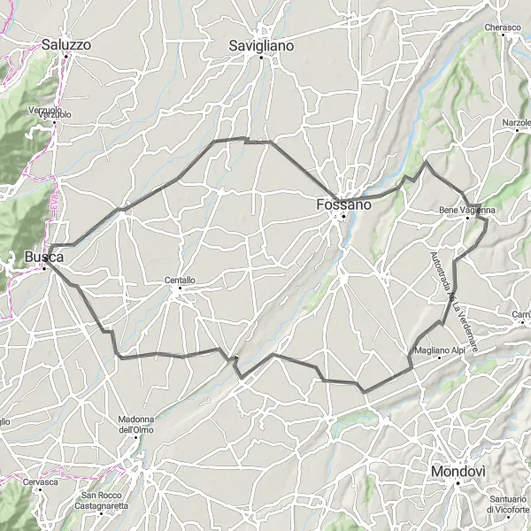 Miniatura della mappa di ispirazione al ciclismo "Circuito storico tra Busca e Roata Chiusani" nella regione di Piemonte, Italy. Generata da Tarmacs.app, pianificatore di rotte ciclistiche