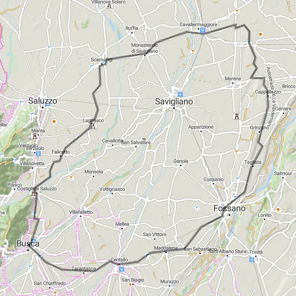 Map miniature of "Cycling through Castelli Tapparelli D'Azeglio and Tarantasca" cycling inspiration in Piemonte, Italy. Generated by Tarmacs.app cycling route planner