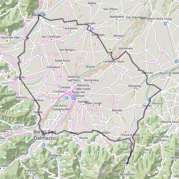 Map miniature of "Cycle through Centallo and Borgo San Dalmazzo" cycling inspiration in Piemonte, Italy. Generated by Tarmacs.app cycling route planner