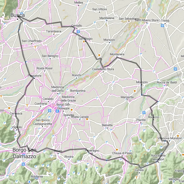 Map miniature of "The Challenging Ride to Centallo and Peveragno" cycling inspiration in Piemonte, Italy. Generated by Tarmacs.app cycling route planner