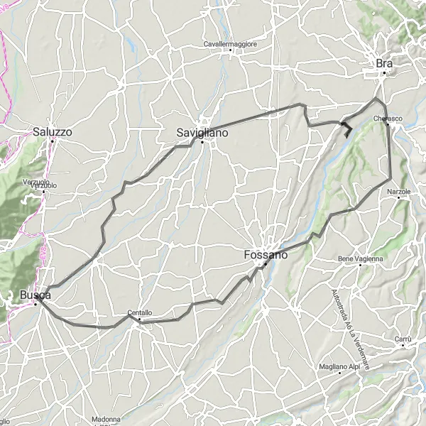 Miniatura della mappa di ispirazione al ciclismo "Viaggio tra Castelli e Borghi Antichi" nella regione di Piemonte, Italy. Generata da Tarmacs.app, pianificatore di rotte ciclistiche