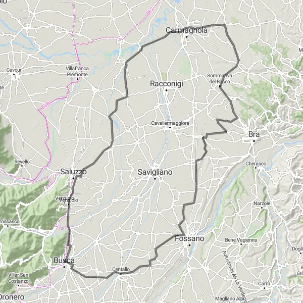 Map miniature of "Busca Loop via Costigliole Saluzzo and Carmagnola" cycling inspiration in Piemonte, Italy. Generated by Tarmacs.app cycling route planner