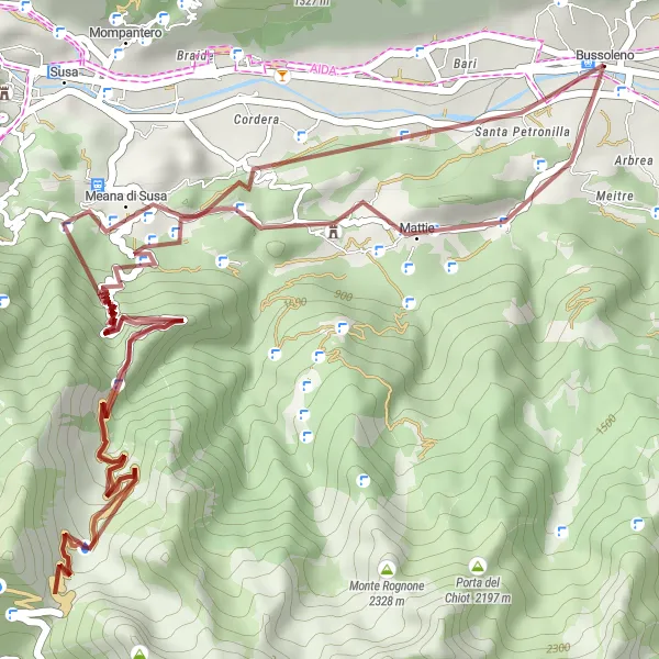Mapa miniatúra "Gravel okruh cez Colle delle Finestre" cyklistická inšpirácia v Piemonte, Italy. Vygenerované cyklistickým plánovačom trás Tarmacs.app