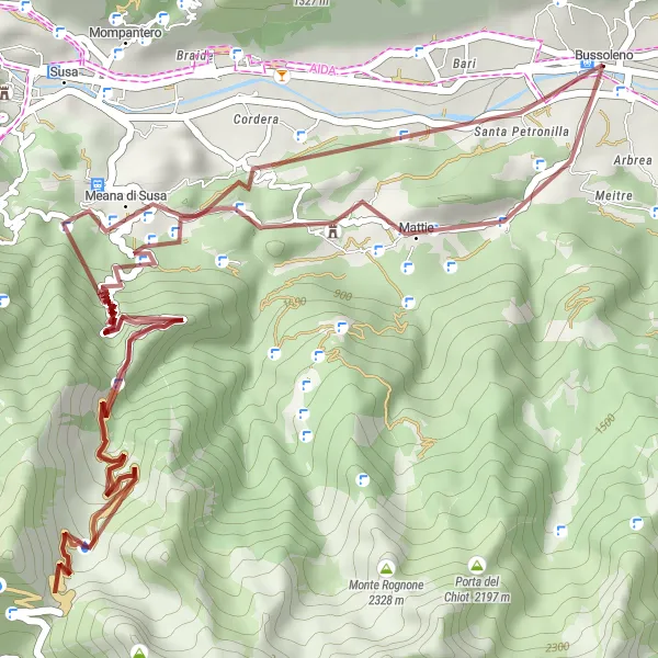 Miniaturekort af cykelinspirationen "Gruscykelrute til Colle delle Finestre" i Piemonte, Italy. Genereret af Tarmacs.app cykelruteplanlægger