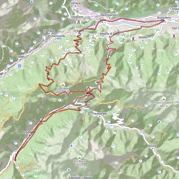 Miniatura della mappa di ispirazione al ciclismo "Epica Avventura Gravel con Vette e Paesaggi" nella regione di Piemonte, Italy. Generata da Tarmacs.app, pianificatore di rotte ciclistiche