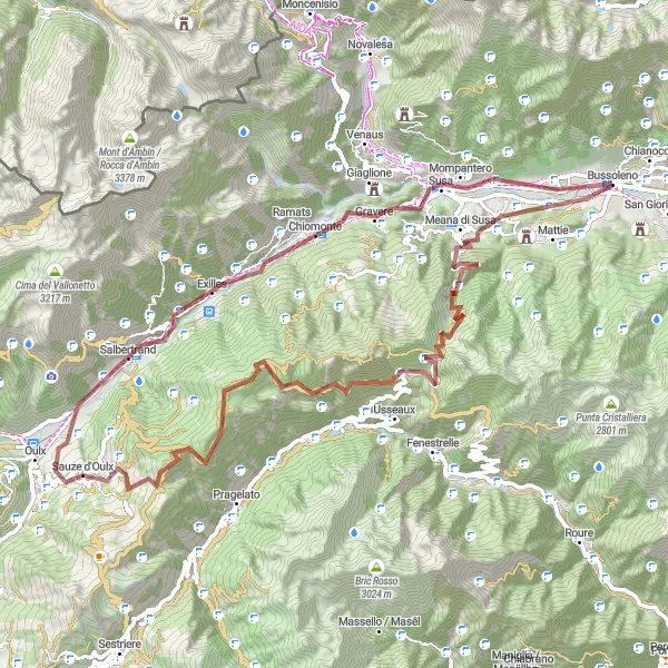 Miniatua del mapa de inspiración ciclista "Aventura en gravilla por los alrededores de Bussoleno" en Piemonte, Italy. Generado por Tarmacs.app planificador de rutas ciclistas