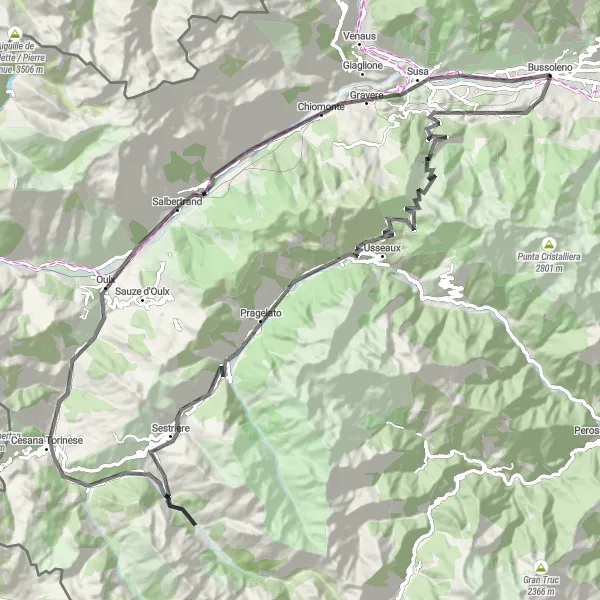 Map miniature of "Finestre and Sestriere Circuit" cycling inspiration in Piemonte, Italy. Generated by Tarmacs.app cycling route planner