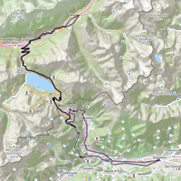 Miniatua del mapa de inspiración ciclista "Ruta escénica por los Alpes italianos hasta Susa" en Piemonte, Italy. Generado por Tarmacs.app planificador de rutas ciclistas