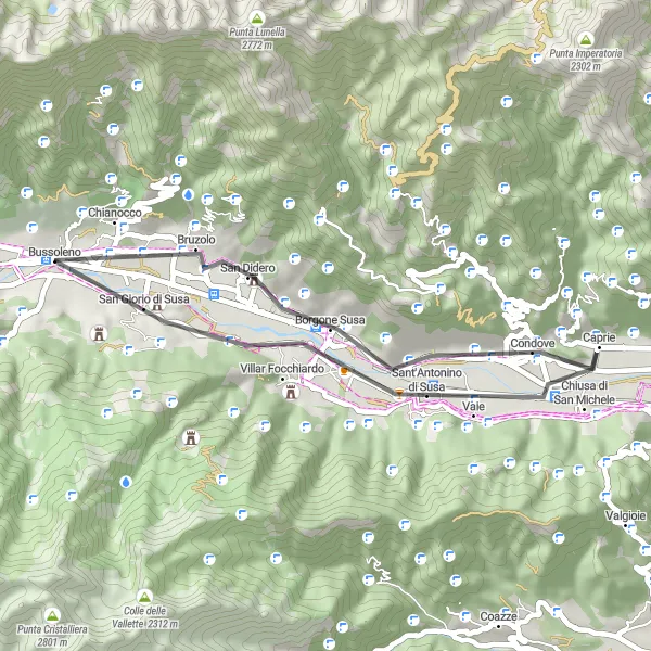 Kartminiatyr av "Borgone Susa - Bussoleno kystur" sykkelinspirasjon i Piemonte, Italy. Generert av Tarmacs.app sykkelrutoplanlegger