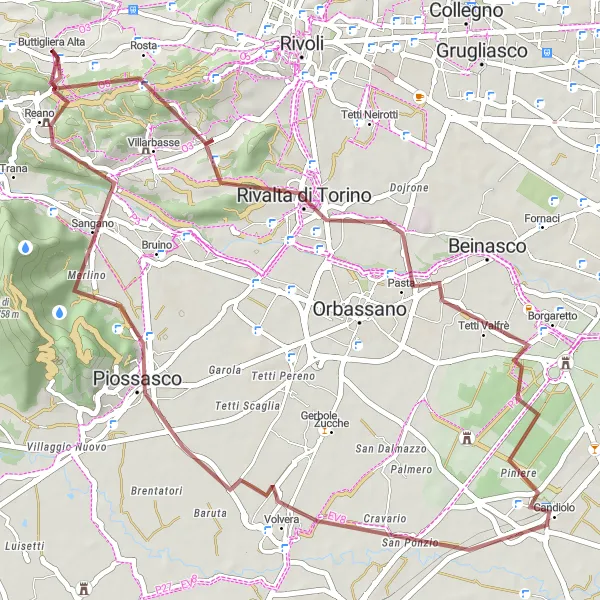 Karttaminiaatyyri "Truc Castellazzo - Reano ja takaisin" pyöräilyinspiraatiosta alueella Piemonte, Italy. Luotu Tarmacs.app pyöräilyreittisuunnittelijalla
