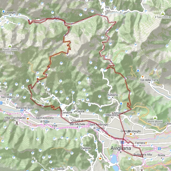 Map miniature of "The Grand Gravel Adventure" cycling inspiration in Piemonte, Italy. Generated by Tarmacs.app cycling route planner