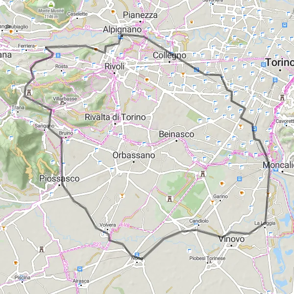 Miniatura della mappa di ispirazione al ciclismo "Itinerario ciclistico tra Buttigliera Alta e Reano" nella regione di Piemonte, Italy. Generata da Tarmacs.app, pianificatore di rotte ciclistiche