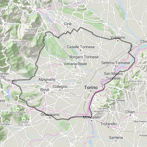 Map miniature of "Caselette - Mole Antonelliana Loop" cycling inspiration in Piemonte, Italy. Generated by Tarmacs.app cycling route planner