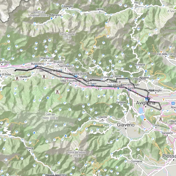 Miniaturní mapa "Cyklistický okruh kolem Monte Pirchiriano" inspirace pro cyklisty v oblasti Piemonte, Italy. Vytvořeno pomocí plánovače tras Tarmacs.app