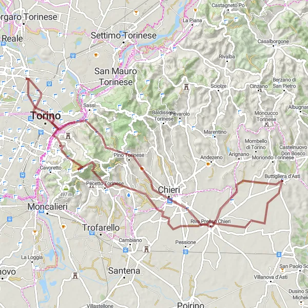 Kartminiatyr av "Grusvei eventyr fra Buttigliera d'Asti til Pecetto Torinese" sykkelinspirasjon i Piemonte, Italy. Generert av Tarmacs.app sykkelrutoplanlegger