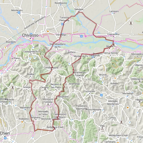 Kartminiatyr av "Grusvei eventyr rundt Buttigliera d'Asti" sykkelinspirasjon i Piemonte, Italy. Generert av Tarmacs.app sykkelrutoplanlegger