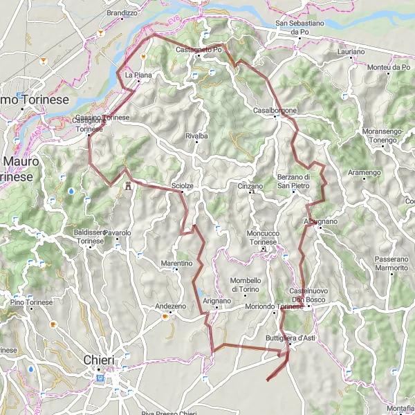 Miniature de la carte de l'inspiration cycliste "Tour des collines de Turin" dans la Piemonte, Italy. Générée par le planificateur d'itinéraire cycliste Tarmacs.app