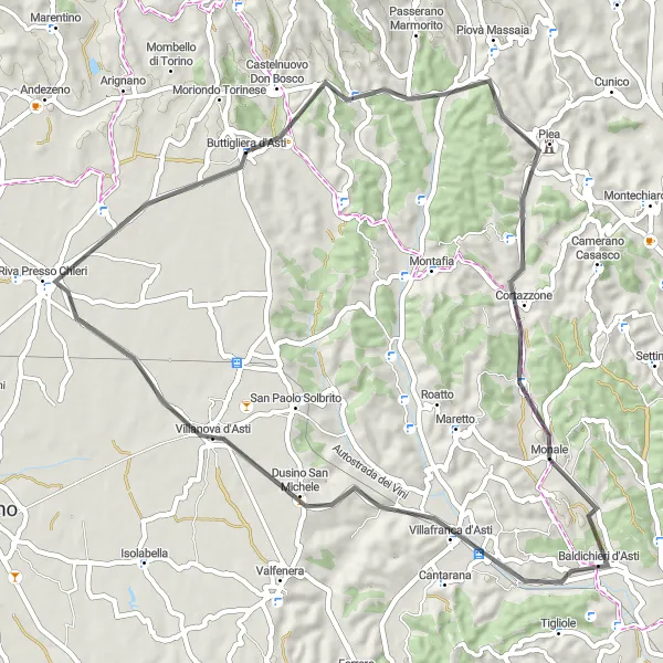 Mapa miniatúra "Vinohrady Villafranca" cyklistická inšpirácia v Piemonte, Italy. Vygenerované cyklistickým plánovačom trás Tarmacs.app