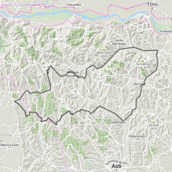 Karten-Miniaturansicht der Radinspiration "Herausfordernde Rundfahrt durchs Monferrato-Gebiet" in Piemonte, Italy. Erstellt vom Tarmacs.app-Routenplaner für Radtouren