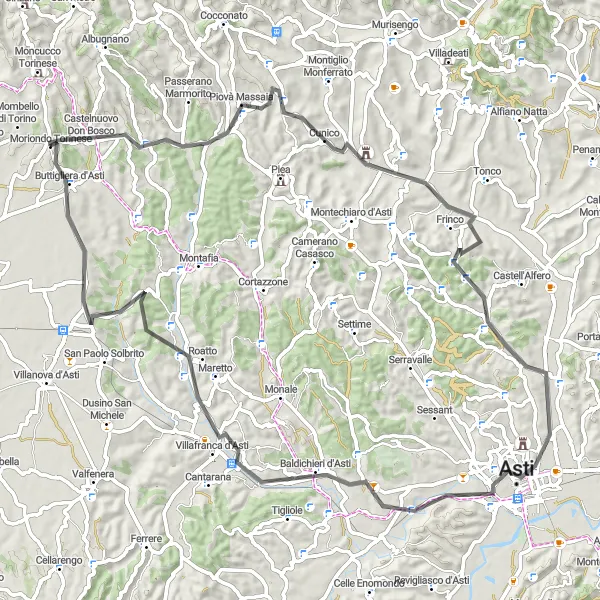 Miniatura della mappa di ispirazione al ciclismo "Tour delle colline di Asti" nella regione di Piemonte, Italy. Generata da Tarmacs.app, pianificatore di rotte ciclistiche