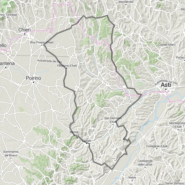 Miniatura della mappa di ispirazione al ciclismo "Cicloturismo stradale tra Cerreto d'Asti e Valdichiesa" nella regione di Piemonte, Italy. Generata da Tarmacs.app, pianificatore di rotte ciclistiche