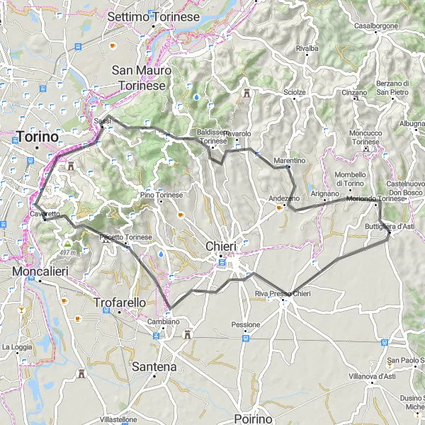 Kartminiatyr av "Falcettini till Mombello di Torino" cykelinspiration i Piemonte, Italy. Genererad av Tarmacs.app cykelruttplanerare