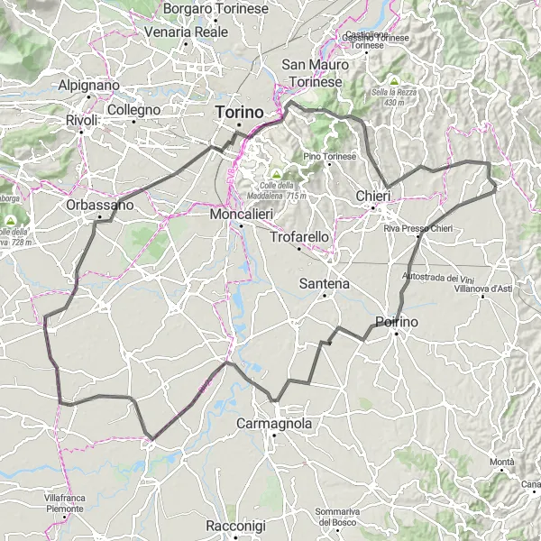 Mapa miniatúra "Okolo Buttigliery d'Asti a Turína" cyklistická inšpirácia v Piemonte, Italy. Vygenerované cyklistickým plánovačom trás Tarmacs.app
