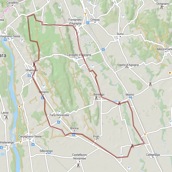 Zemljevid v pomanjšavi "Scenic Gravel Loop near Caltignaga" kolesarske inspiracije v Piemonte, Italy. Generirano z načrtovalcem kolesarskih poti Tarmacs.app