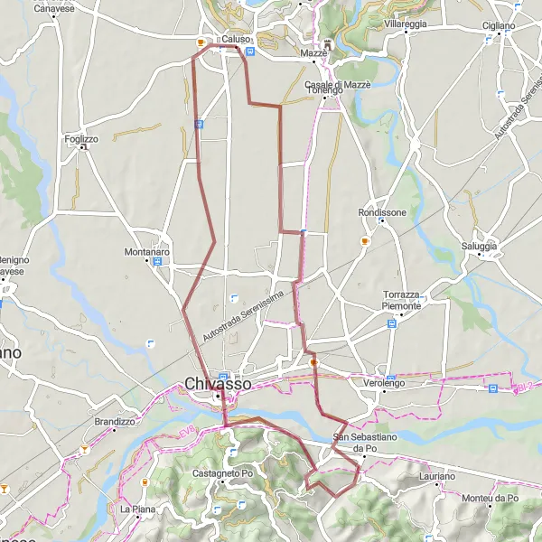Zemljevid v pomanjšavi "Gravel Cycling Route from Caluso" kolesarske inspiracije v Piemonte, Italy. Generirano z načrtovalcem kolesarskih poti Tarmacs.app