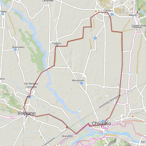 Kartminiatyr av "Grusvei sykling fra Caluso til Rodallo" sykkelinspirasjon i Piemonte, Italy. Generert av Tarmacs.app sykkelrutoplanlegger