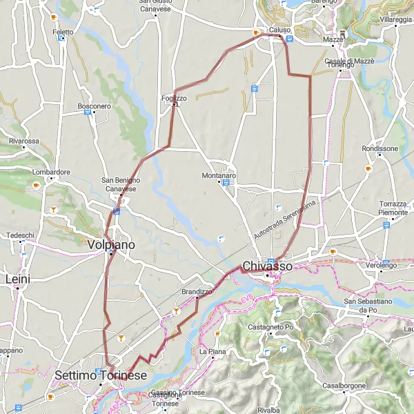 Map miniature of "The Gravel Discovery: Caluso to Castellazzo" cycling inspiration in Piemonte, Italy. Generated by Tarmacs.app cycling route planner