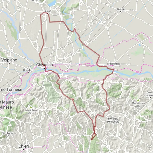 Map miniature of "The Gravel Adventure: Caluso to Saluggia" cycling inspiration in Piemonte, Italy. Generated by Tarmacs.app cycling route planner