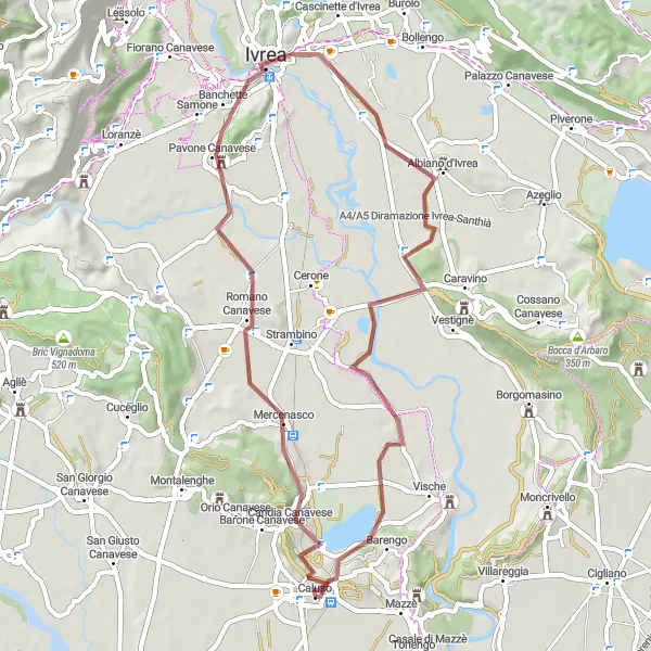 Miniatuurkaart van de fietsinspiratie "Caluso - Monte Chiaro - Romano Canavese - Banchette - Monte Fiorito - Albiano d'Ivrea" in Piemonte, Italy. Gemaakt door de Tarmacs.app fietsrouteplanner