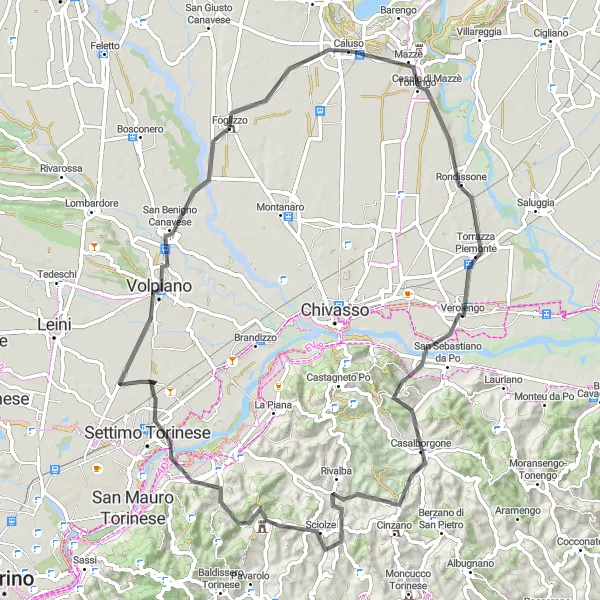 Map miniature of "The Road Adventure: Caluso to Castellazzo" cycling inspiration in Piemonte, Italy. Generated by Tarmacs.app cycling route planner