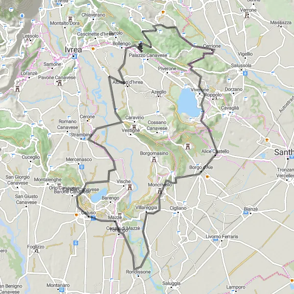 Kartminiatyr av "Caluso til Mazzè Road Cycling Route" sykkelinspirasjon i Piemonte, Italy. Generert av Tarmacs.app sykkelrutoplanlegger