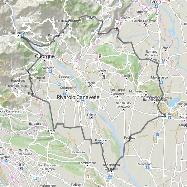 Miniaturní mapa "Velká okružní jízda kolem Cuorgné a Castelnuovo Nigra" inspirace pro cyklisty v oblasti Piemonte, Italy. Vytvořeno pomocí plánovače tras Tarmacs.app