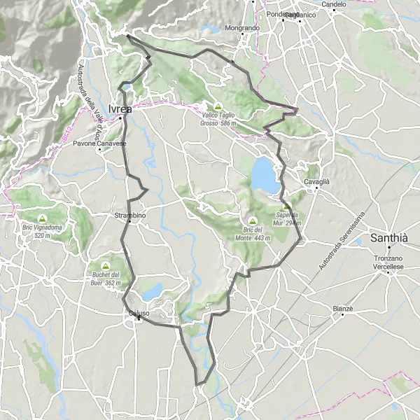 Miniaturní mapa "Výlet po silnici s kopci kolem Calusa" inspirace pro cyklisty v oblasti Piemonte, Italy. Vytvořeno pomocí plánovače tras Tarmacs.app