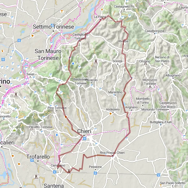 Miniatura della mappa di ispirazione al ciclismo "Sfida ciclistica tra Chieri e Arignano" nella regione di Piemonte, Italy. Generata da Tarmacs.app, pianificatore di rotte ciclistiche