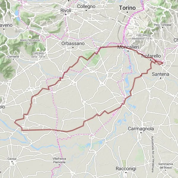 Map miniature of "Carignano to Trofarello Gravel Ride" cycling inspiration in Piemonte, Italy. Generated by Tarmacs.app cycling route planner