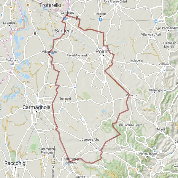 Miniature de la carte de l'inspiration cycliste "Aventure gravel vers Cambiano" dans la Piemonte, Italy. Générée par le planificateur d'itinéraire cycliste Tarmacs.app