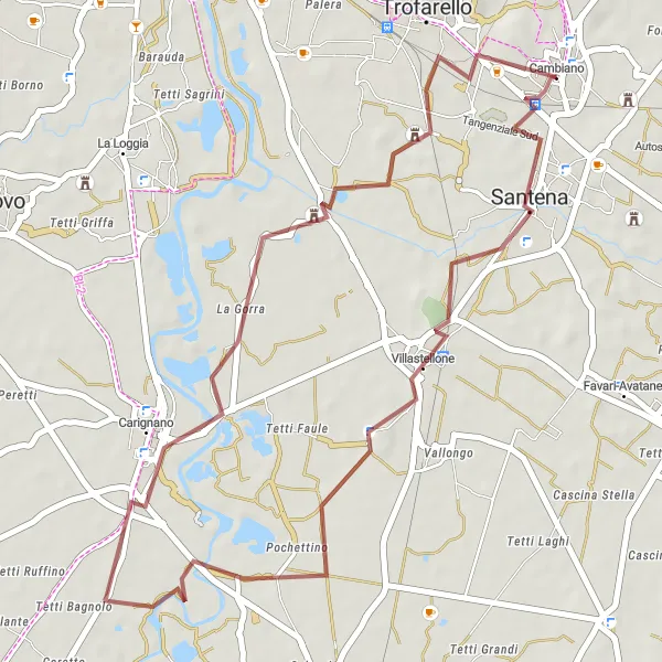 Zemljevid v pomanjšavi "Raziskovanje okoliških vasic" kolesarske inspiracije v Piemonte, Italy. Generirano z načrtovalcem kolesarskih poti Tarmacs.app