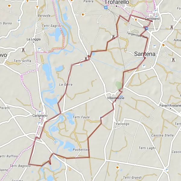 Miniatuurkaart van de fietsinspiratie "Korte gravelroute naar Santena" in Piemonte, Italy. Gemaakt door de Tarmacs.app fietsrouteplanner